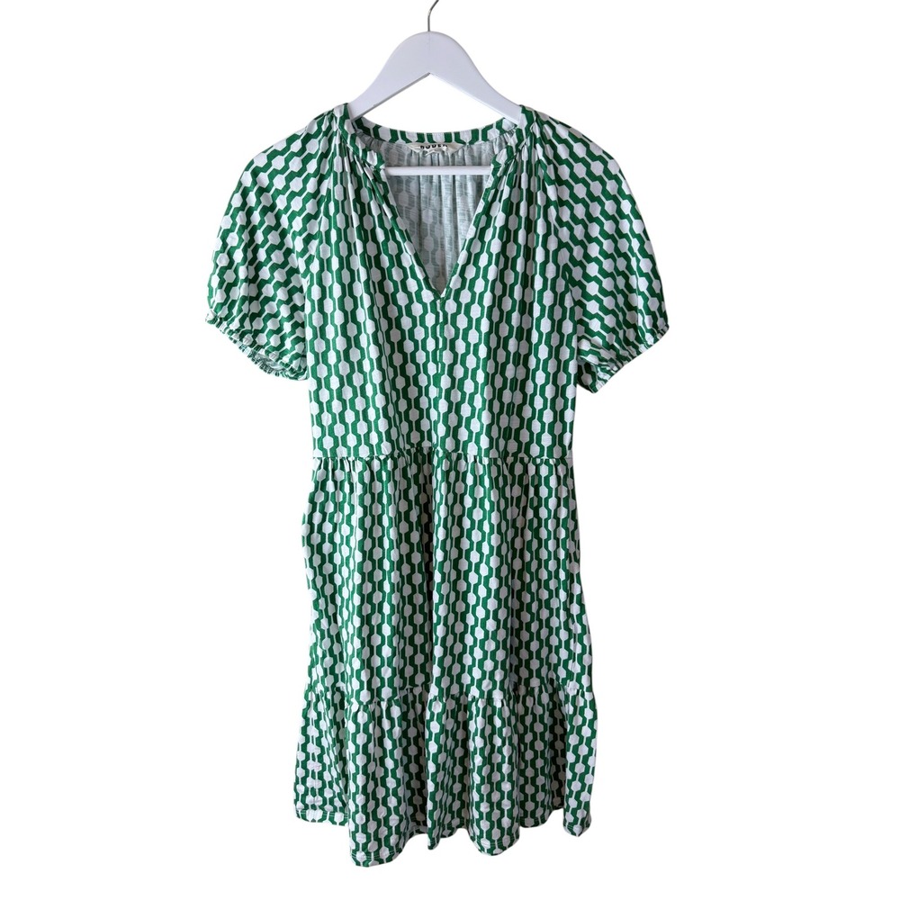 Boden Green White Geometric Tiered Dress V-Neck Puff Sleeve Pockets US 8 Long
